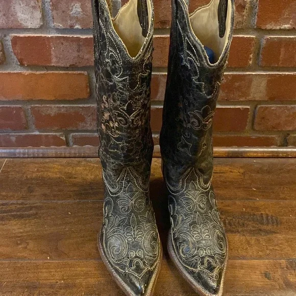 Corral Western Women's Black Vintage Lizard Inlay Boots M. Size 7 - Picture 1 of 16